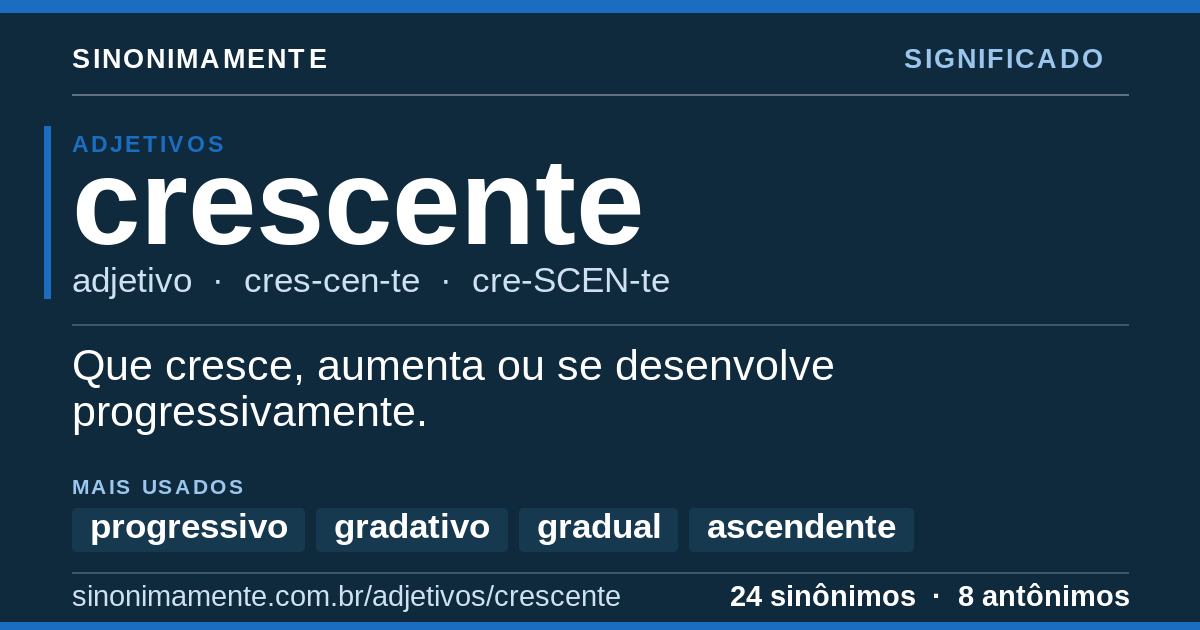 Significado de crescente: cartão do verbete com 24 sinônimos