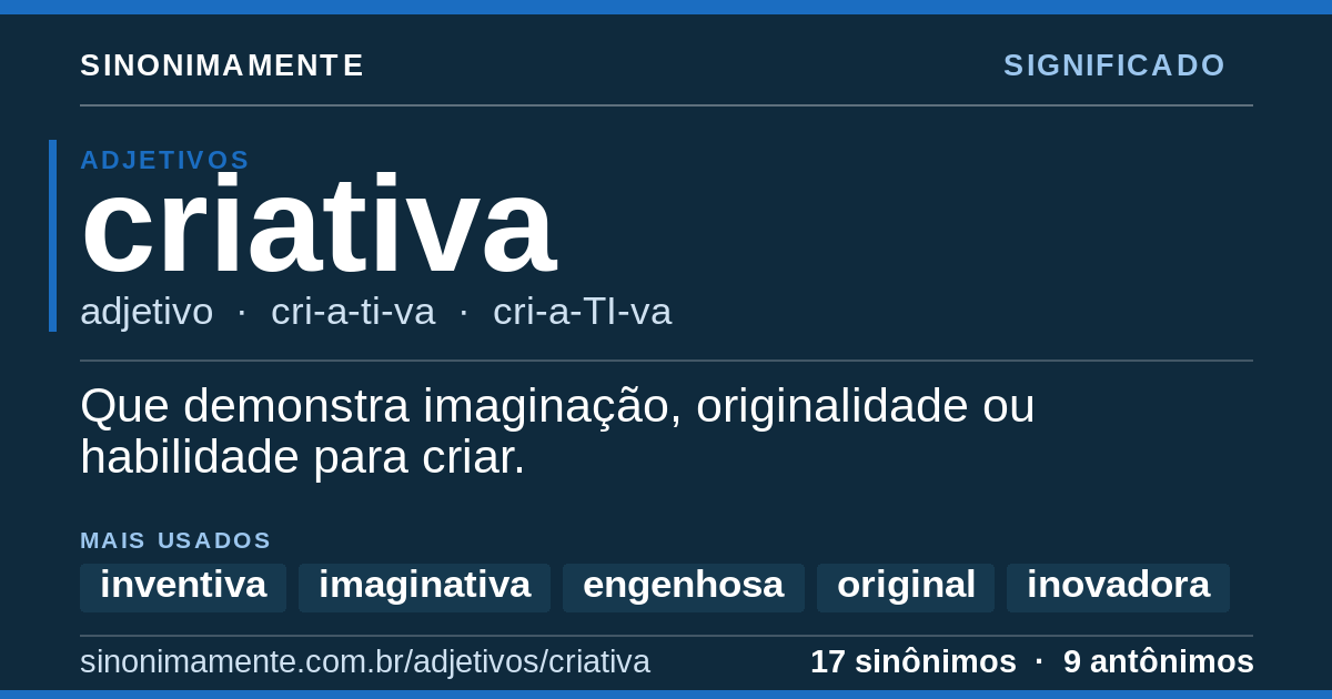 Significado de criativa: cartão do verbete com 17 sinônimos