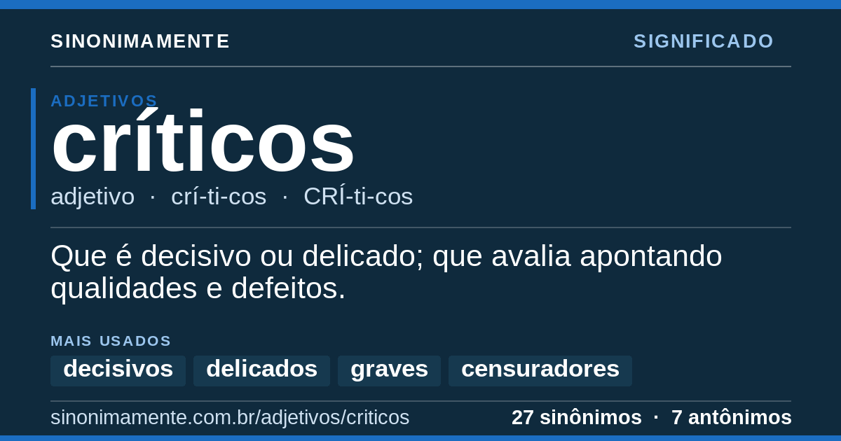 Significado de críticos: cartão do verbete com 27 sinônimos