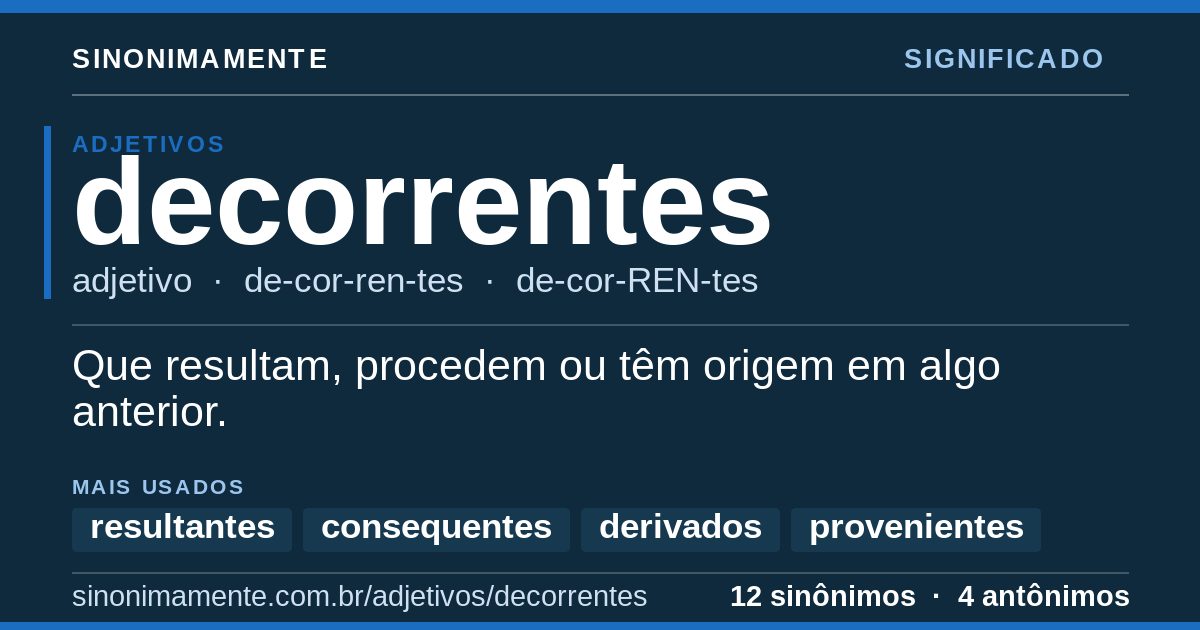 Significado de decorrentes: cartão do verbete com 12 sinônimos