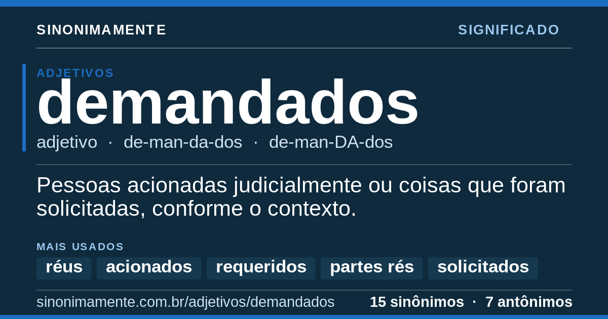 Significado de demandados: cartão do verbete com 15 sinônimos