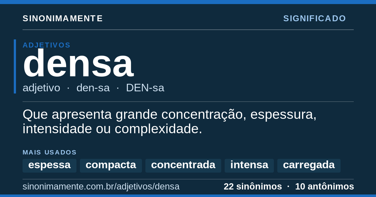 Significado de densa: cartão do verbete com 22 sinônimos