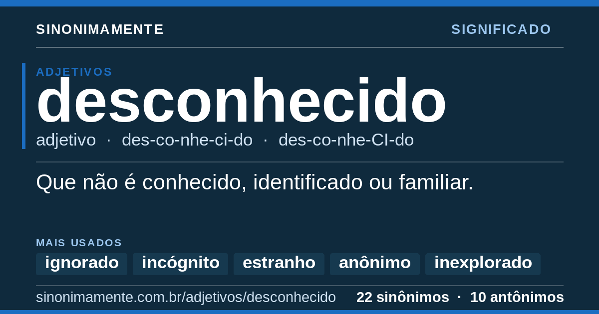 Significado de desconhecido: cartão do verbete com 22 sinônimos