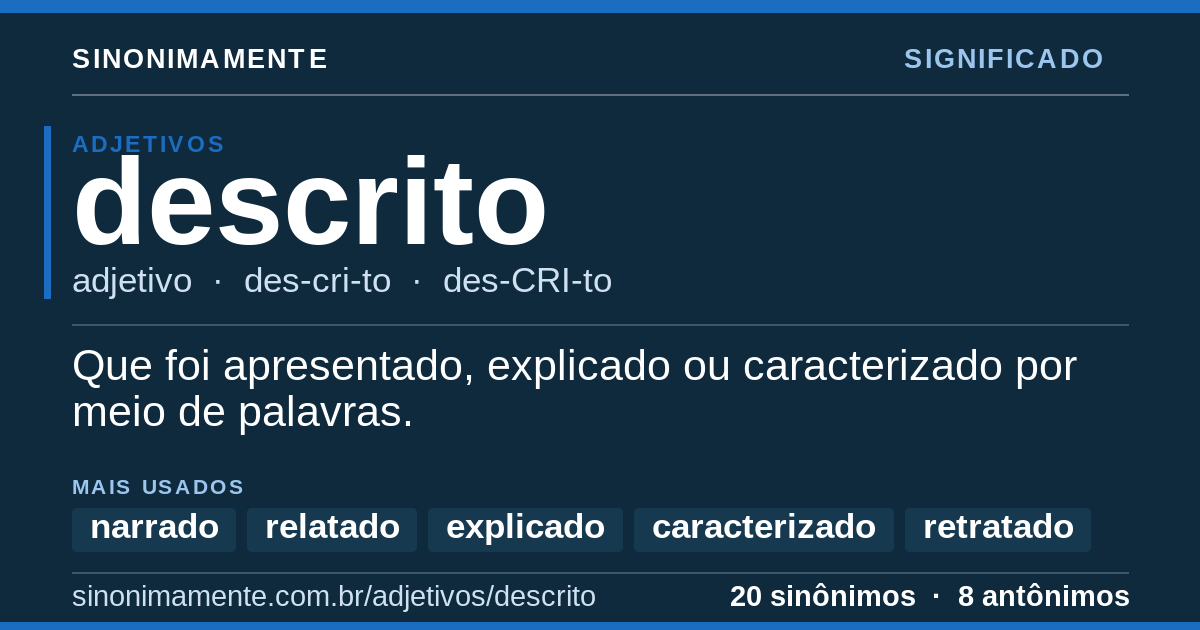 Significado de descrito: cartão do verbete com 20 sinônimos