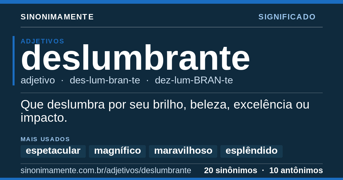Significado de deslumbrante: cartão do verbete com 20 sinônimos