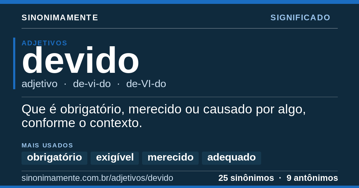 Significado de devido: cartão do verbete com 25 sinônimos