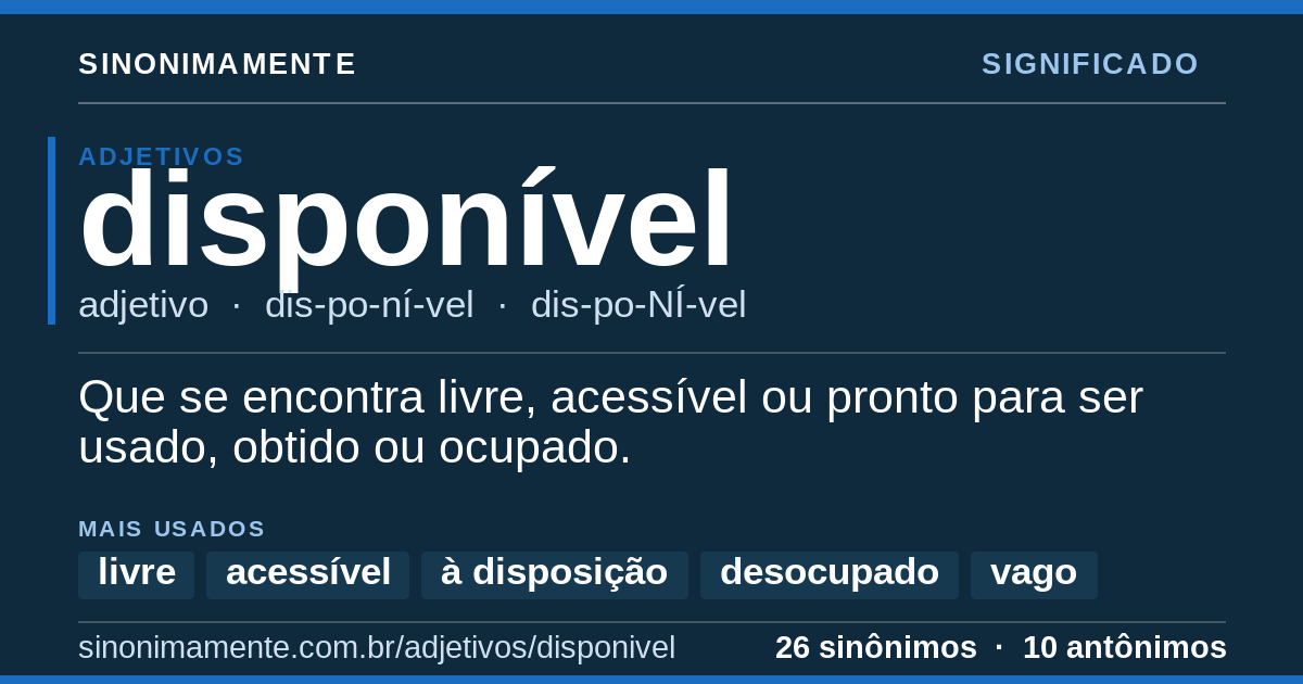Significado de disponível: cartão do verbete com 26 sinônimos