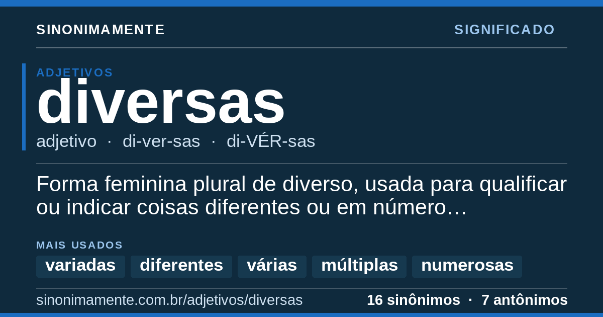Significado de diversas: cartão do verbete com 16 sinônimos