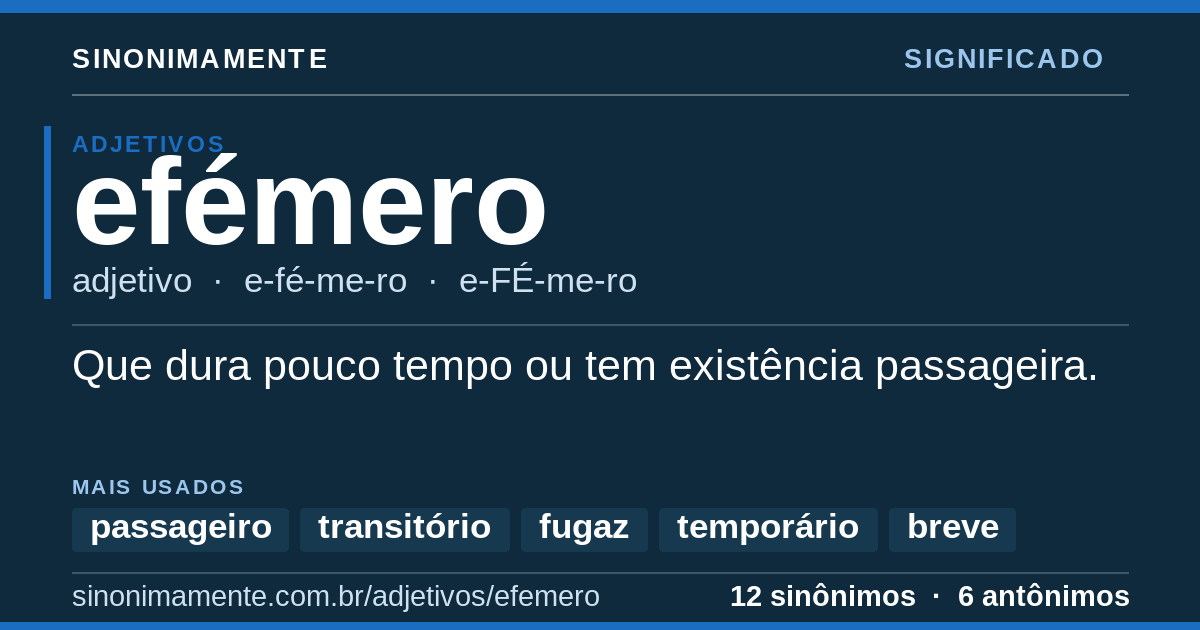 Significado de efémero: cartão do verbete com 12 sinônimos