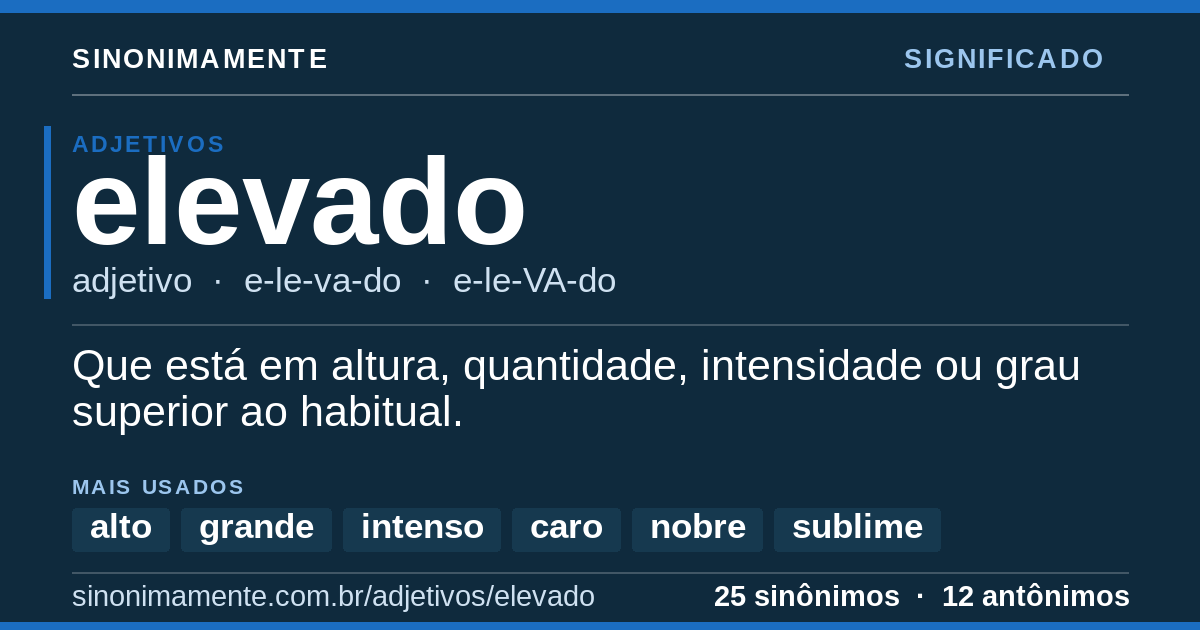 Significado de elevado: cartão do verbete com 25 sinônimos
