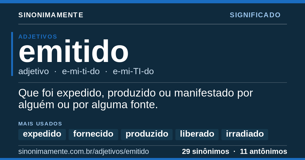 Significado de emitido: cartão do verbete com 29 sinônimos