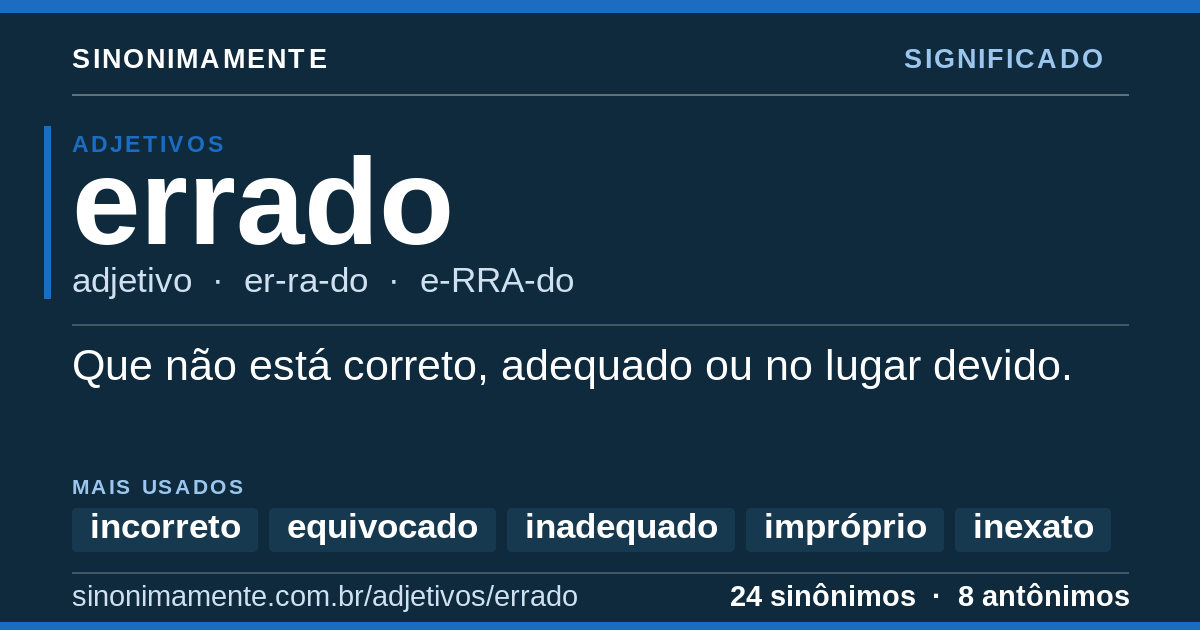 Significado de errado: cartão do verbete com 24 sinônimos