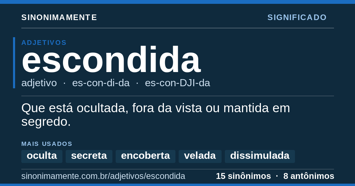 Significado de escondida: cartão do verbete com 15 sinônimos