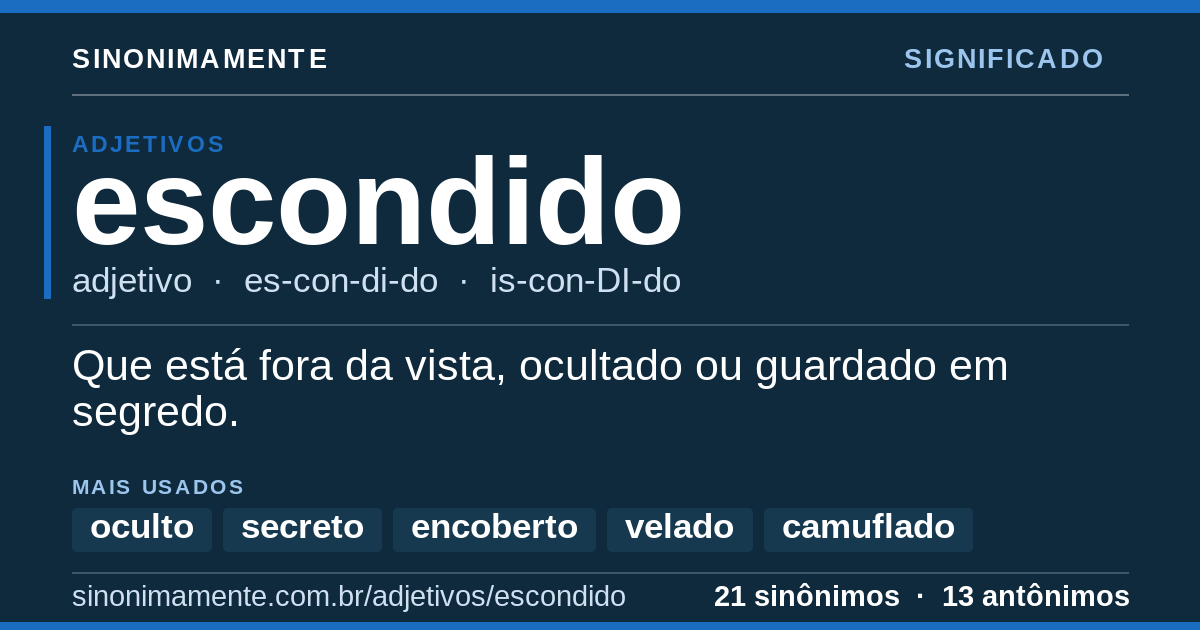 Significado de escondido: cartão do verbete com 21 sinônimos