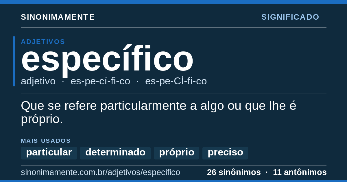 Significado de específico: cartão do verbete com 26 sinônimos