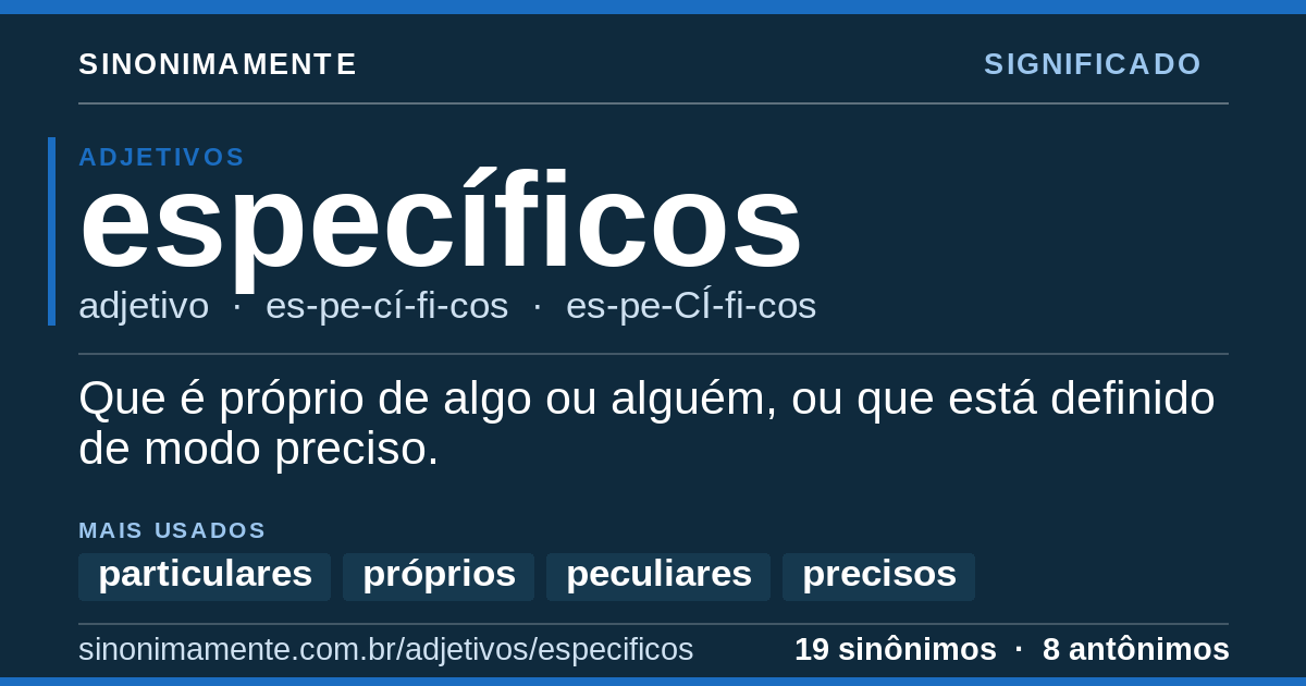 Significado de específicos: cartão do verbete com 19 sinônimos