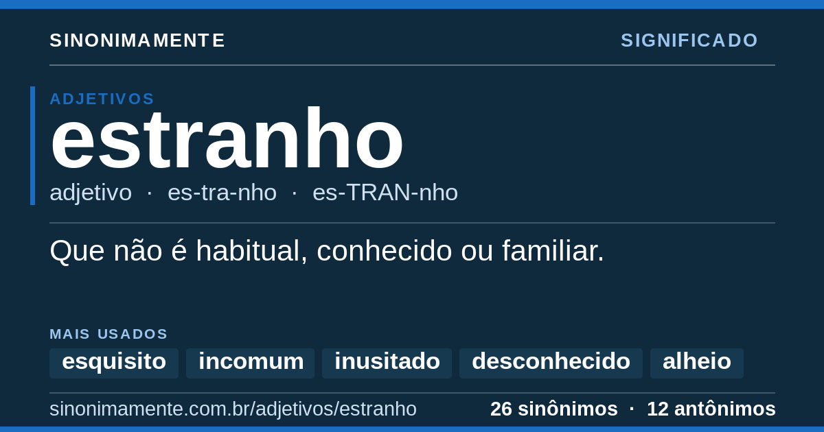 Significado de estranho: cartão do verbete com 26 sinônimos