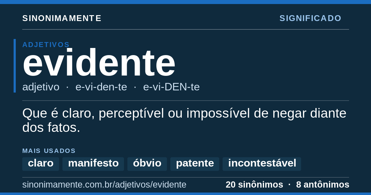 Significado de evidente: cartão do verbete com 20 sinônimos