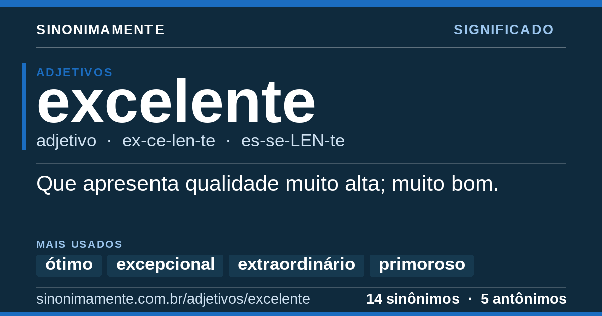 Significado de excelente: cartão do verbete com 14 sinônimos