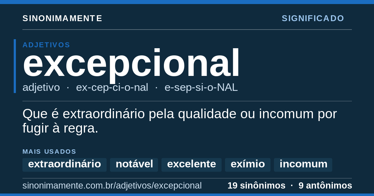 Significado de excepcional: cartão do verbete com 19 sinônimos