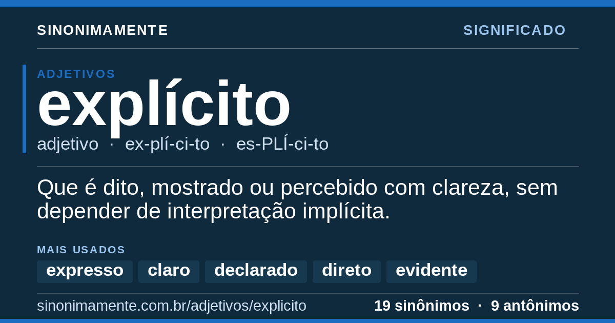 Significado de explícito: cartão do verbete com 19 sinônimos