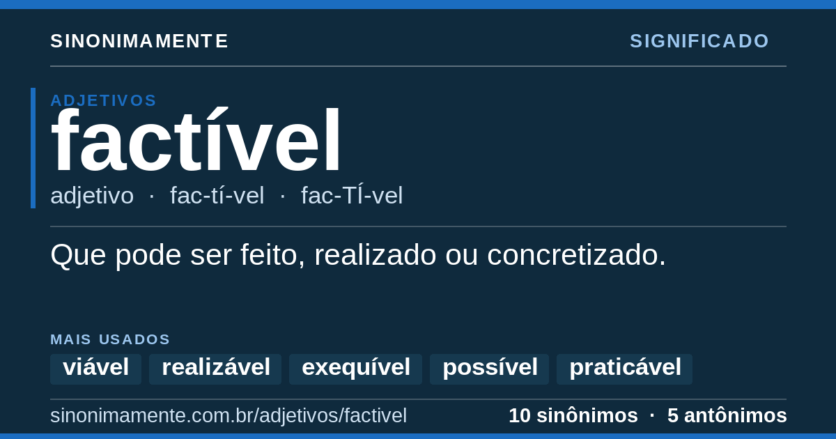 Significado de factível: cartão do verbete com 10 sinônimos