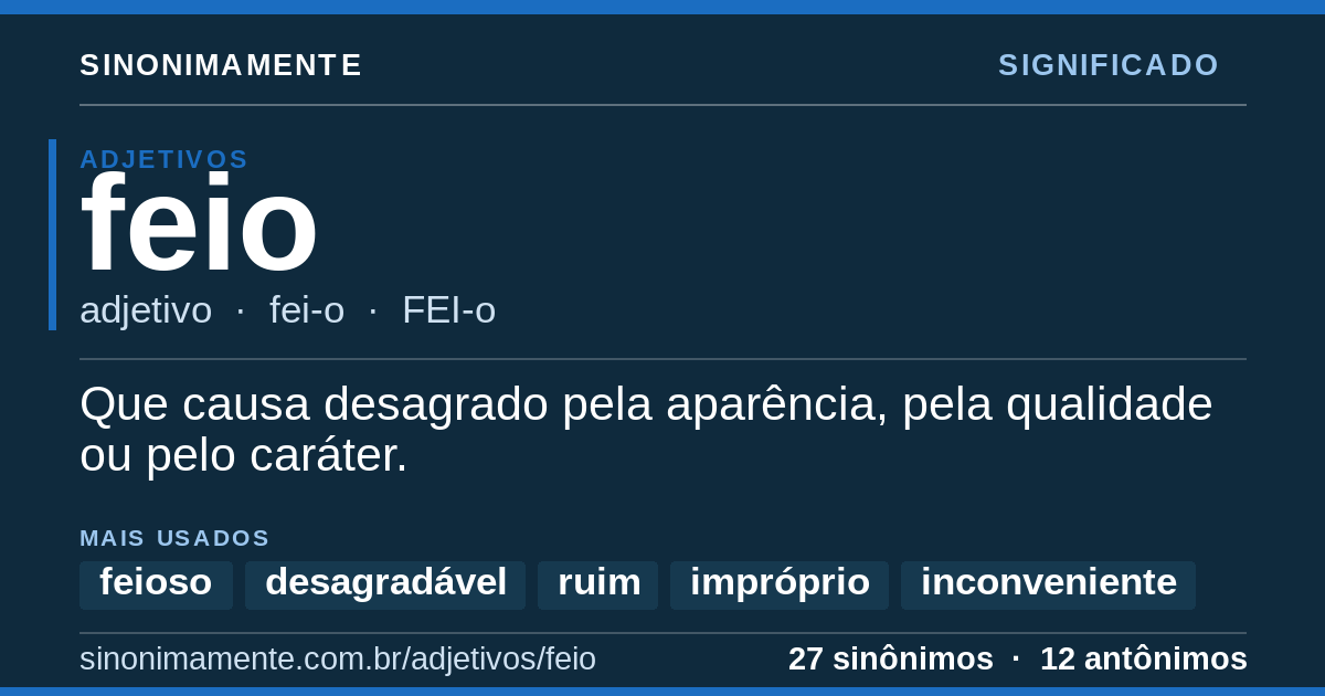 Significado de feio: cartão do verbete com 27 sinônimos