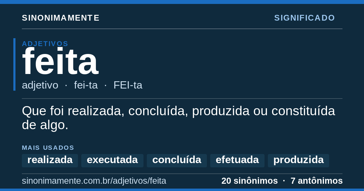 Significado de feita: cartão do verbete com 20 sinônimos
