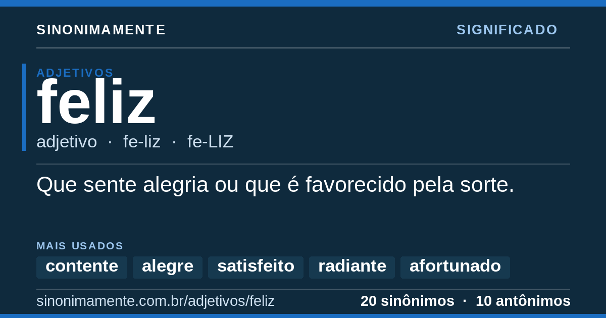 Significado de feliz: cartão do verbete com 20 sinônimos