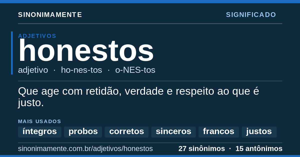Significado de honestos: cartão do verbete com 27 sinônimos