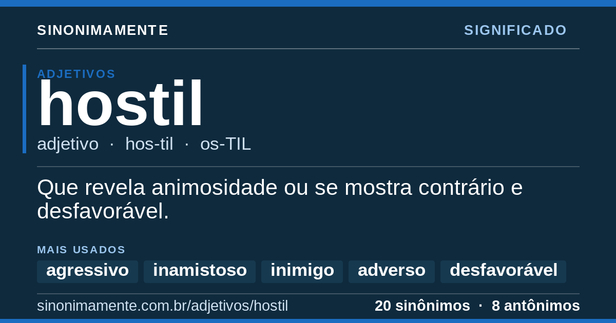 Significado de hostil: cartão do verbete com 20 sinônimos