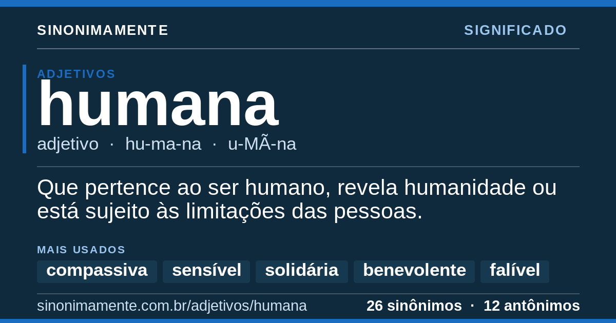 Significado de humana: cartão do verbete com 26 sinônimos