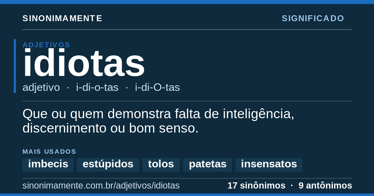 Significado de idiotas: cartão do verbete com 17 sinônimos