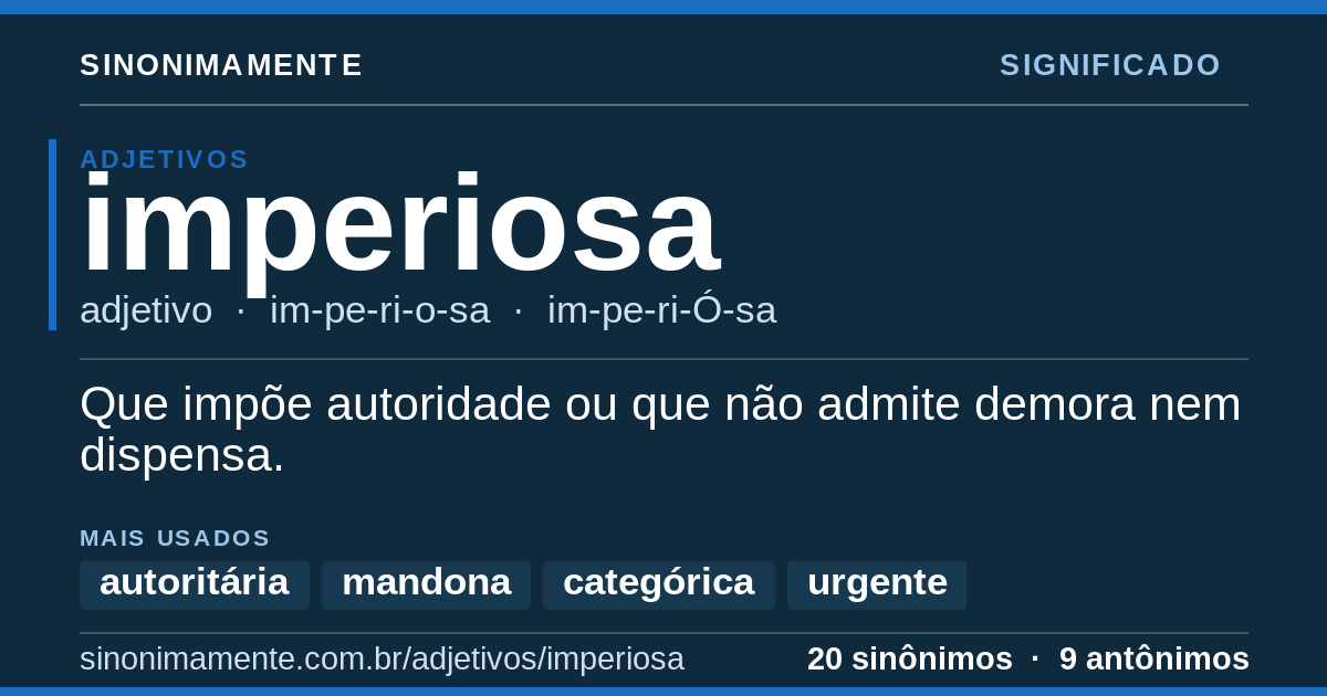 Significado de imperiosa: cartão do verbete com 20 sinônimos