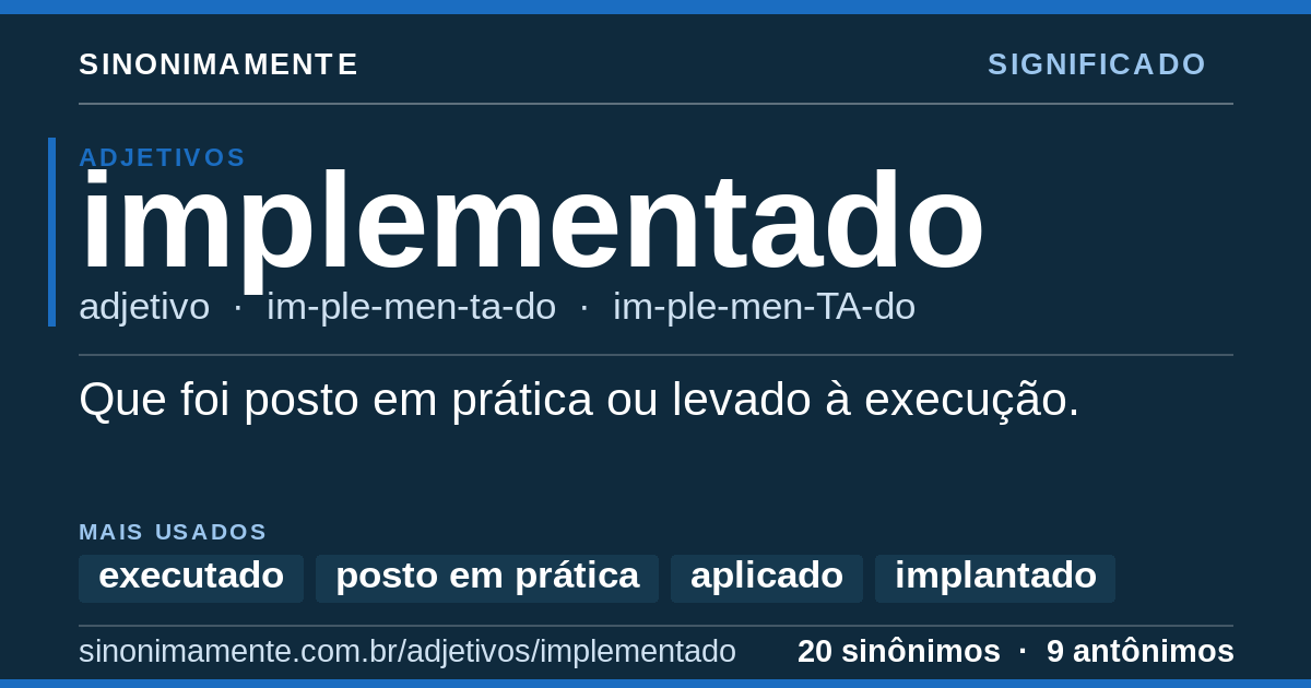 Significado de implementado: cartão do verbete com 20 sinônimos