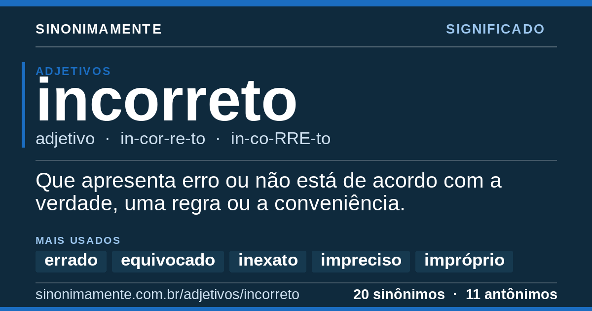 Significado de incorreto: cartão do verbete com 20 sinônimos