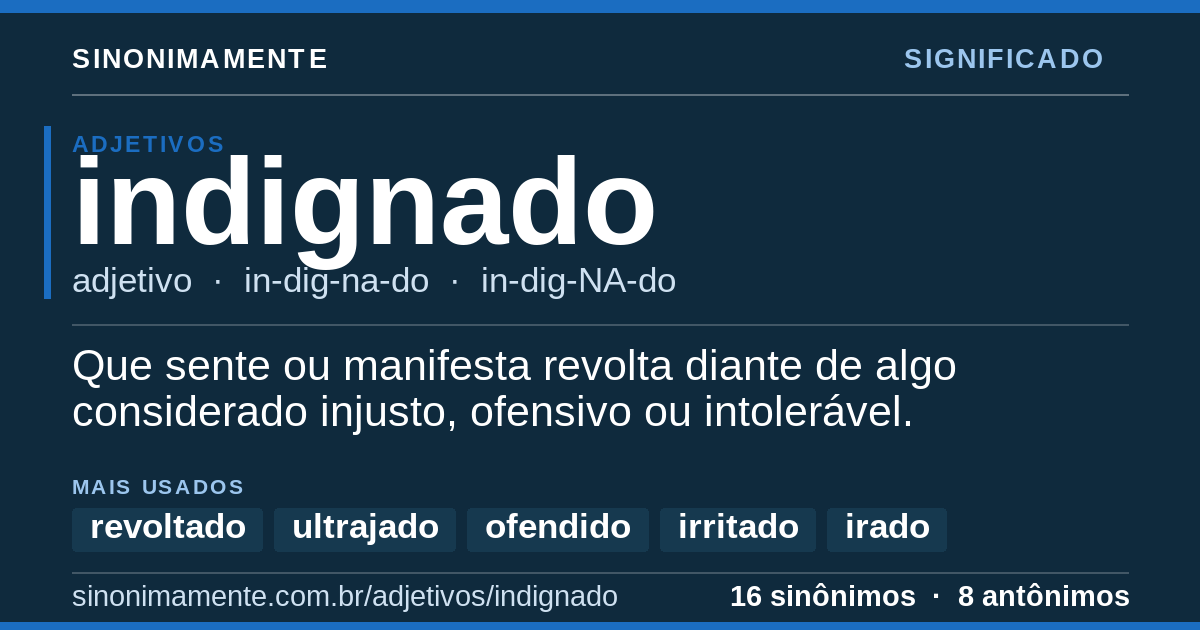 Significado de indignado: cartão do verbete com 16 sinônimos