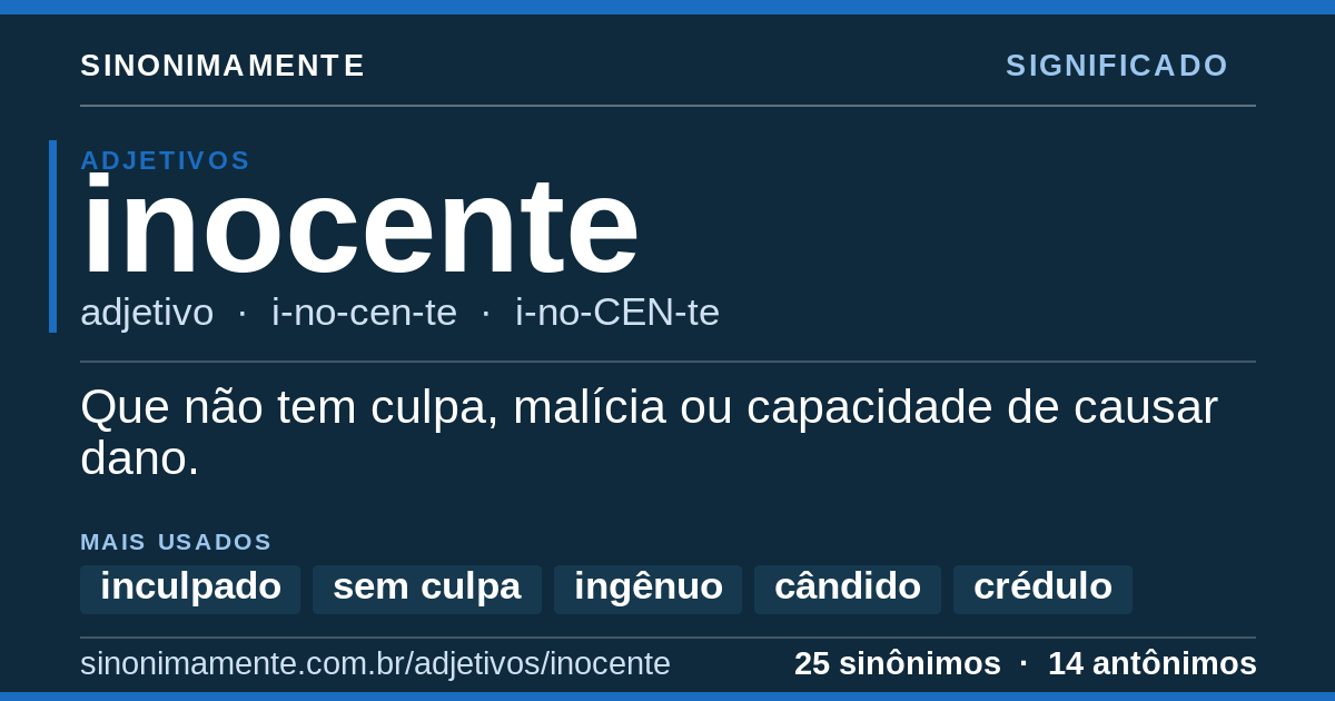 Significado de inocente: cartão do verbete com 25 sinônimos