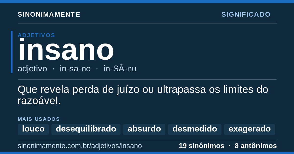 Significado de insano: cartão do verbete com 19 sinônimos
