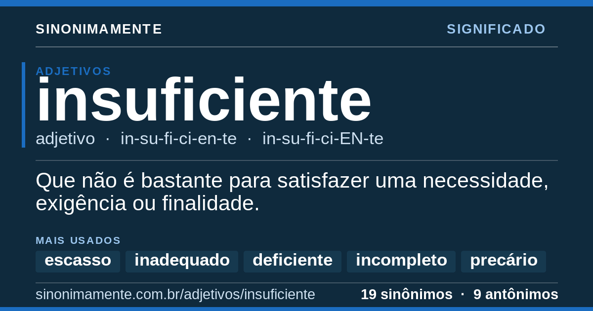 Significado de insuficiente: cartão do verbete com 19 sinônimos