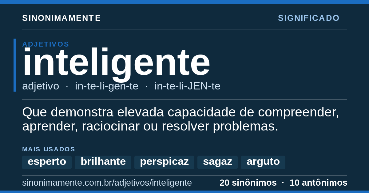 Significado de inteligente: cartão do verbete com 20 sinônimos