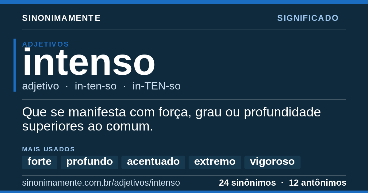 Significado de intenso: cartão do verbete com 24 sinônimos