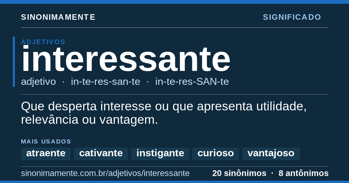Significado de interessante: cartão do verbete com 20 sinônimos