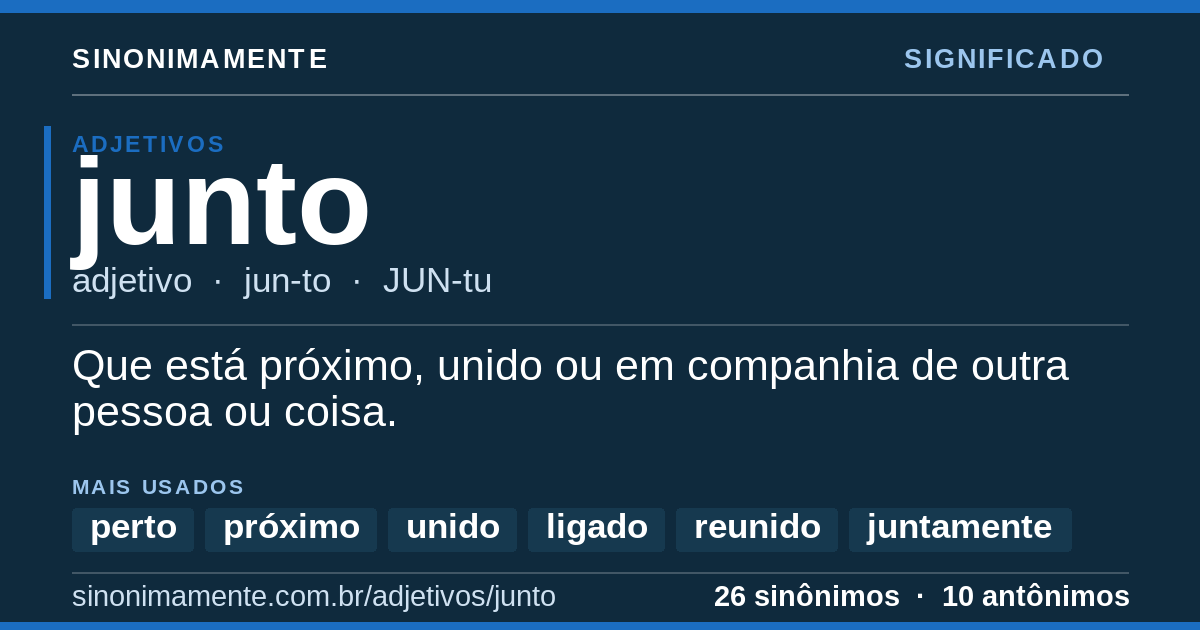 Significado de junto: cartão do verbete com 26 sinônimos
