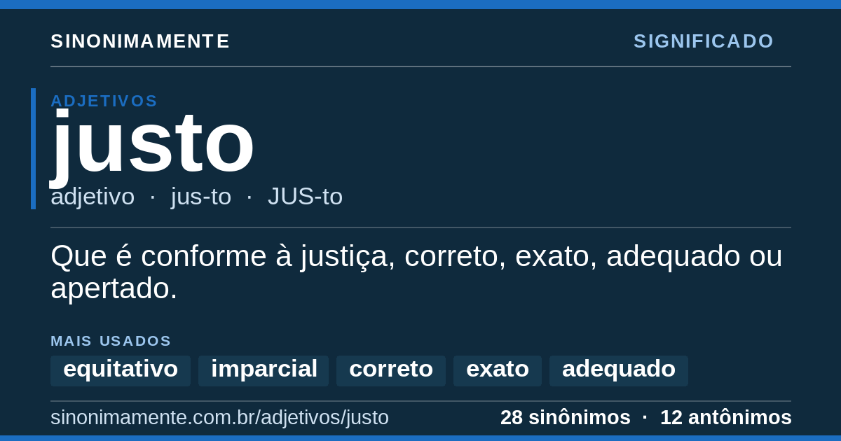 Significado de justo: cartão do verbete com 28 sinônimos