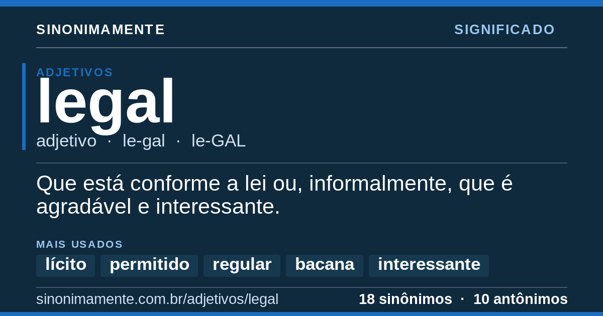 Significado de legal: cartão do verbete com 18 sinônimos