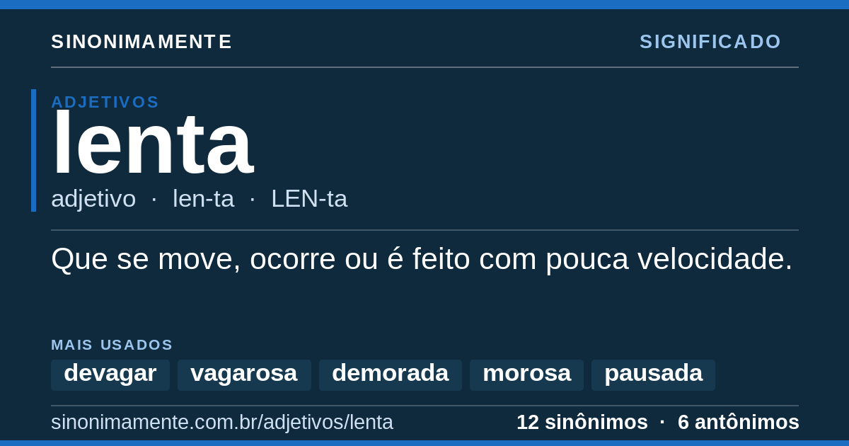 Significado de lenta: cartão do verbete com 12 sinônimos