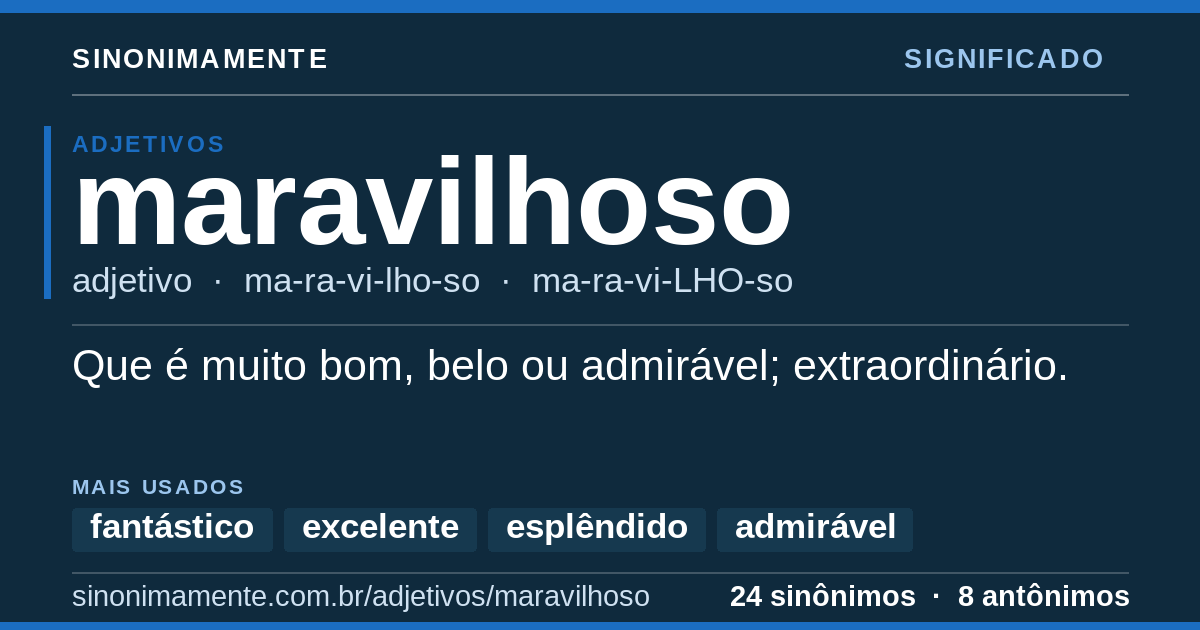 Significado de maravilhoso: cartão do verbete com 24 sinônimos