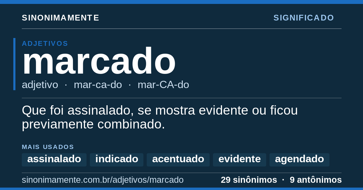 Significado de marcado: cartão do verbete com 29 sinônimos