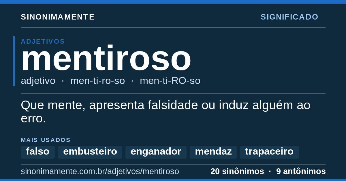 Significado de mentiroso: cartão do verbete com 20 sinônimos